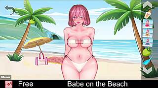 babe plays game on the beach in hentai style