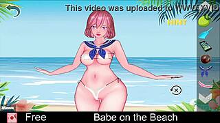 babe plays game on the beach in hentai style
