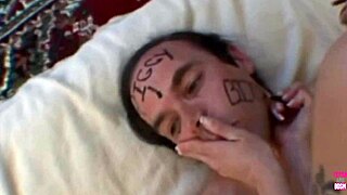 a guy humiliates brunette with strapon fucking