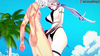 Arlecchino is fucking in a bikini on the beach in this genshin impact hentai