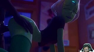 Tina and Peridot engage in 69 on the table, with Widowmaker fucking her thicc ass from behind.