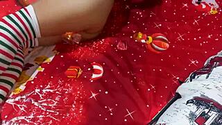 Sexy Indian MILF enjoys Christmas solo play with dildo