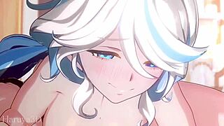 Aether and Furina engage in intense cowgirl riding leading to creampie