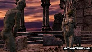 Hey, watch this 3D cartoon zombie babe get double teamed outdoors!