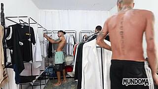 Steamy bareback 3some action inside a tight closet space