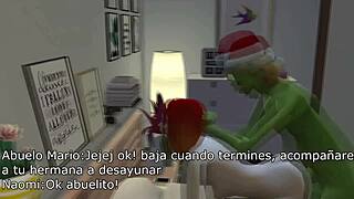 Teen bent over by old man in 3D cartoon Grinch scene