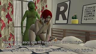 Teen bent over by old man in 3D cartoon Grinch scene