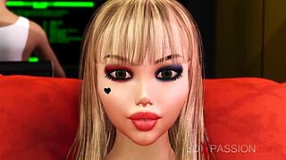 dickgirl android playing with blonde in sci-fi bedroom