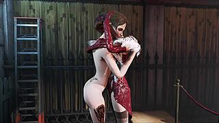 In Fallout 4, the brunette explores power armor in a cartoon game scene.