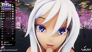 Pov Blowjob From Hentai Vtuber Elfie Love In 3D Vrchat Mmd With Cum On Face And Close Up Webcam Action.