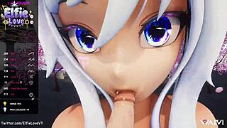 Pov Blowjob From Hentai Vtuber Elfie Love In 3D Vrchat Mmd With Cum On Face And Close Up Webcam Action.
