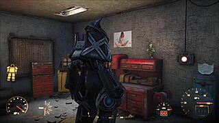 In Fallout 4, the brunette explores power armor in a cartoon game scene.