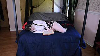 Horny girl in school uniform with pigtails masturbates using sex toys.