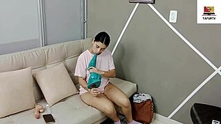 Latina amateur masturbates pussy, stepfather licks and fucks her to squirting cum.