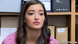 Shoplyfter Emily Willis gags on a huge cock.