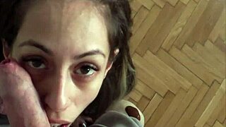 fishnet-clad candie cross, petite and submissive, gets owned with cum dumped on her tiny ass after gagging.