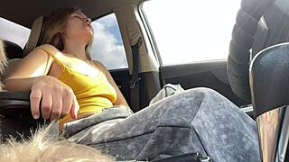 Teen squirts hard in public car scene