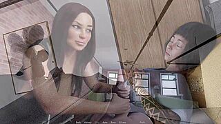 Busty brunette milf sneaks a handjob while goth girlfriend sleeps nearby