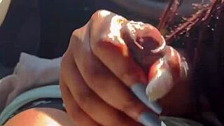Can she handle that big dick in her mouth? Ebony babe takes cum in car with ease!