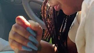 Can she handle that big dick in her mouth? Ebony babe takes cum in car with ease!