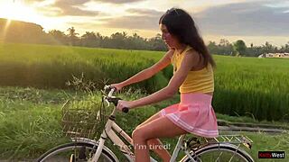 Cute 18-Year-Old Teen Masters Bike and Stranger’s Cock Outdoors with Creampie