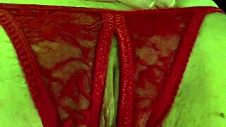 Shaved Pussy Soaked in Red Thongs!