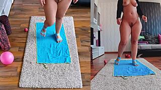 Naughty naked yoga with curvy milf spreads wide for dual cam!