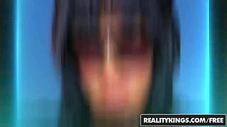 Sunny gives dirty handjob leading to cumshot orgasm on clothes from pov