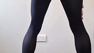 the transsexual with a monster cock strokes until he cums all over her nylon pantyhose and ass