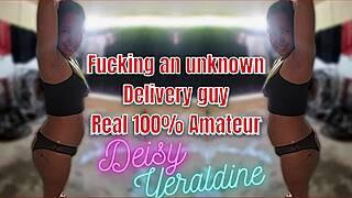 I spied on a hot seduction of an unknown delivery man. She tempted him in underwear while her cuckold husband recorded!