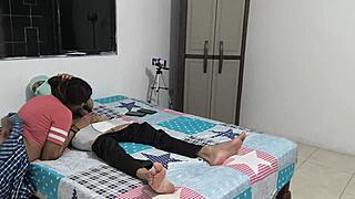 The horny latina milf stepsister eagerly sucks the monster cock, moaning deliciously as she takes it deep.