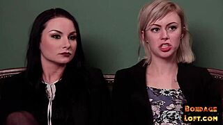 Bound booty babe is dominated in a threesome with deepthroat and cumshot