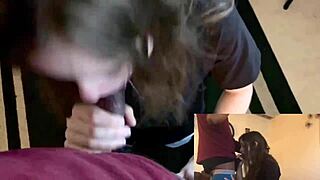 Beautiful brunette lesbian best friend gags on big cock while moaning and dirty talking for a place to stay