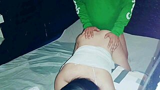 asian chubby pregnant mom gets bent over for creampie