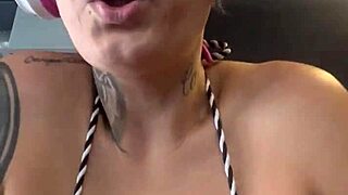 Oh! Sweaty tanned skinny babe with big tits at gym!