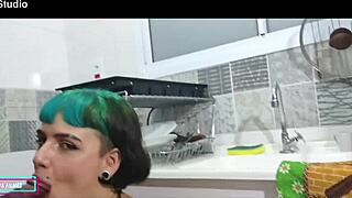 I devoured my delicious brunette friend's pussy in the kitchen with intense assfucking and creampie