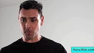 Horny busty girls seduce client for steamy shower massage