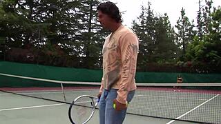 want to see this rough threesome licking pussy on the tennis court?