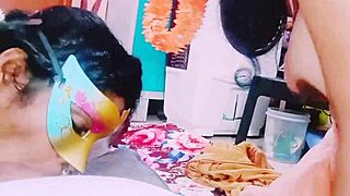 desi threesome with wife, husband, and aunty in hardcore dual blowjob.