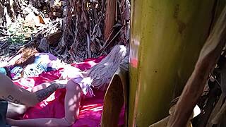 Fucked Tight Redhead with Dildo Outdoors