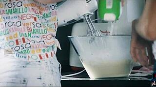 brunette babes passionately lick and finger each other in the kitchen.