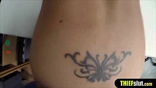 cute brunette shoplifter gets fucked hard on a table