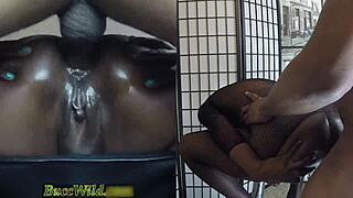 barstool anal makes ghetto girl's pussy drip in fishnet action