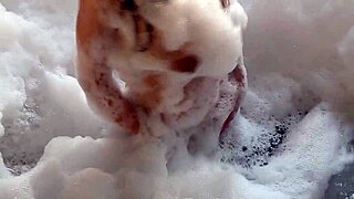 Spied on brunette bathing guy in feminine clothing, then he fucks her pear-shaped ass