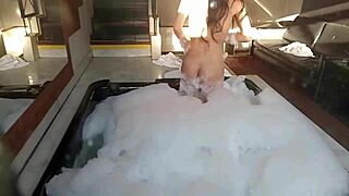 Spied on brunette bathing guy in feminine clothing, then he fucks her pear-shaped ass