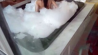 Spied on brunette bathing guy in feminine clothing, then he fucks her pear-shaped ass