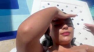 check out this busty colombian hottie getting pounded outdoors by the pool in missionary