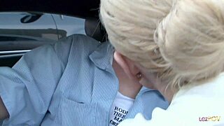 Stunning Lesbian Blonde Licks Shaved Pussy In Parking Lot!