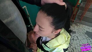 Risky blowjob on public staircase long hair friend sex lick girlfriend liquid lunch ponytail street teen 18+ huge