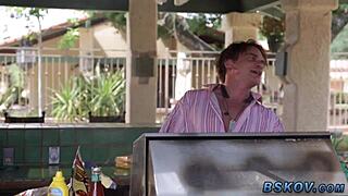 Wow, that squirting busty milf rides big cock hard and takes cum in mouth!